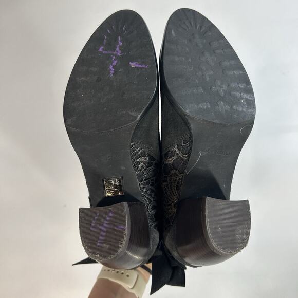 Sundance Suede Booties Womens 37 US 6.5 Lace Black Bow Ankle Boot - Picture 3 of 9